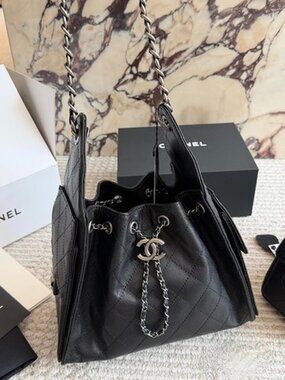 Luxury CC Black Quilted Caviar Duma Drawstring Backpack - GHW